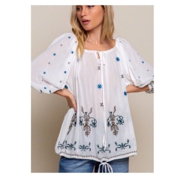 OFF White Boho Embroidered w/ Floral Detail Top - Picture 7 of 16